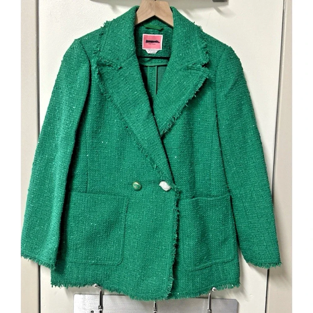 Kate Spade‎ Size 6 Sequin Tinsel Tweed Blazer Double Breasted Tropical Leaf Chic